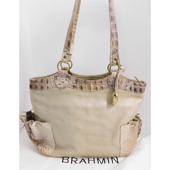 Brahmin Reagan Byzantine Beige‎ Gold Croc Embossed Leather Shoulder Bag - Picture 1 of 7